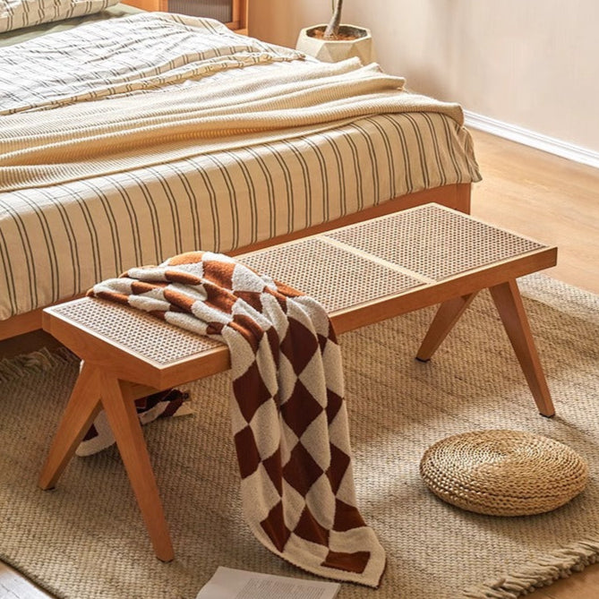 Banco rectangular japonés tradicional con patas en V, de madera de caucho y ratán, con asiento tejido a mano para recibidor y sala de estar
