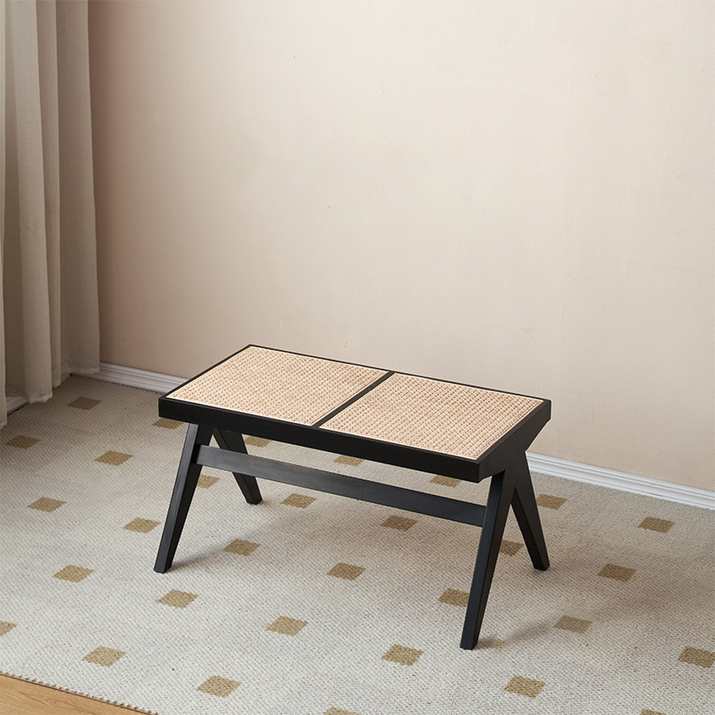 Traditional Japanese Rubber Wood And Rattan Rectangular V-Leg Bench With Handwoven Seat For Entryway And Living Room