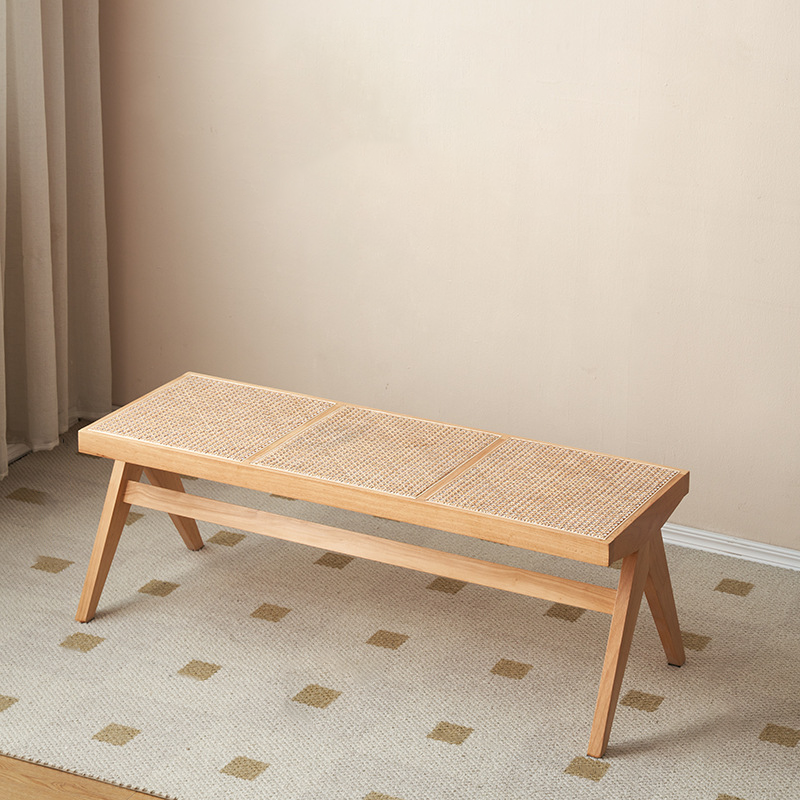 Traditional Japanese Rubber Wood And Rattan Rectangular V-Leg Bench With Handwoven Seat For Entryway And Living Room