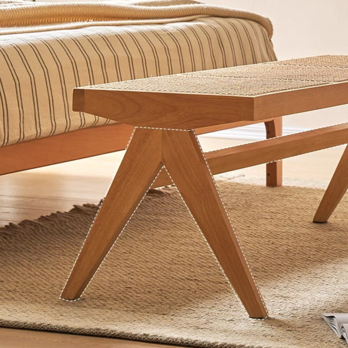 Banco rectangular japonés tradicional con patas en V, de madera de caucho y ratán, con asiento tejido a mano para recibidor y sala de estar