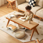 Banco rectangular japonés tradicional con patas en V, de madera de caucho y ratán, con asiento tejido a mano para recibidor y sala de estar