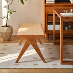 Banco rectangular japonés tradicional con patas en V, de madera de caucho y ratán, con asiento tejido a mano para recibidor y sala de estar