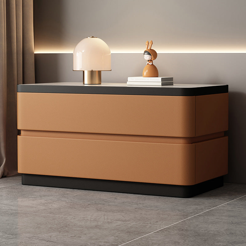 Modern Minimalist Rectangular Stone Slab Solid Wood Cat's Paw Leather Nightstand 2- Drawer For Bedroom