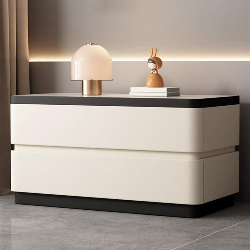 Mesita de noche moderna minimalista rectangular de losa de piedra con pata de gato en cuero y madera maciza con 2 cajones para dormitorio