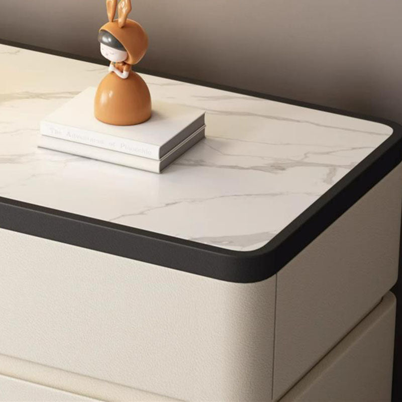 Mesita de noche moderna minimalista rectangular de losa de piedra con pata de gato en cuero y madera maciza con 2 cajones para dormitorio