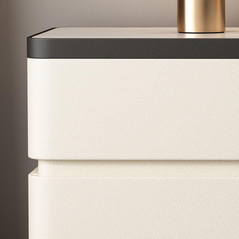 Mesita de noche moderna minimalista rectangular de losa de piedra con pata de gato en cuero y madera maciza con 2 cajones para dormitorio