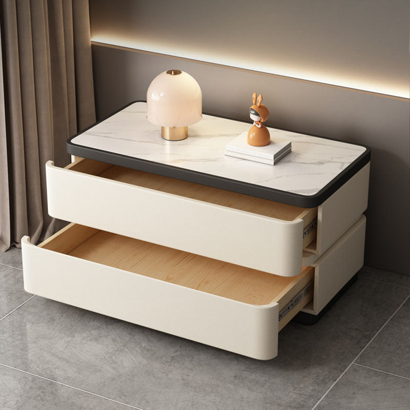 Mesita de noche moderna minimalista rectangular de losa de piedra con pata de gato en cuero y madera maciza con 2 cajones para dormitorio