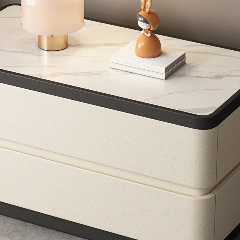 Mesita de noche moderna minimalista rectangular de losa de piedra con pata de gato en cuero y madera maciza con 2 cajones para dormitorio
