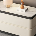 Mesita de noche moderna minimalista rectangular de losa de piedra con pata de gato en cuero y madera maciza con 2 cajones para dormitorio