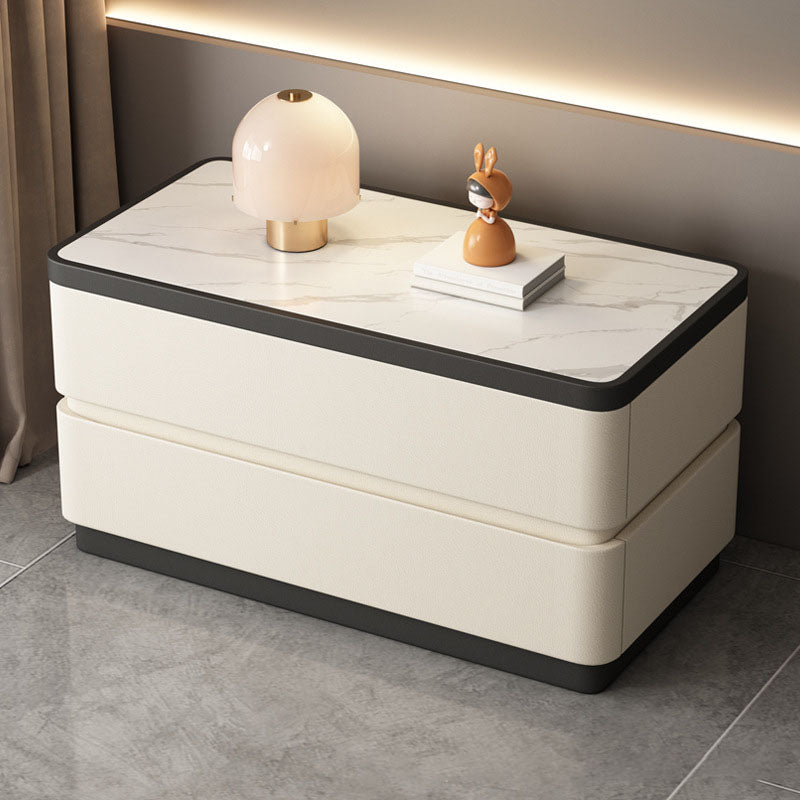 Mesita de noche moderna minimalista rectangular de losa de piedra con pata de gato en cuero y madera maciza con 2 cajones para dormitorio