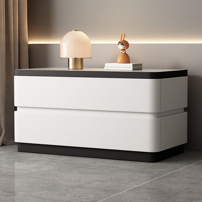 Modern Minimalist Rectangular Stone Slab Solid Wood Cat's Paw Leather Nightstand 2- Drawer For Bedroom