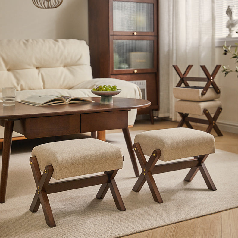 Modern Minimalist Rectangle X-Shape Stool with Solid Wood Frame, Cotton-Linen Fabric Upholstery, Low-Profile Living Room Accent