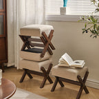 Modern Minimalist Rectangle X-Shape Stool with Solid Wood Frame, Cotton-Linen Fabric Upholstery, Low-Profile Living Room Accent
