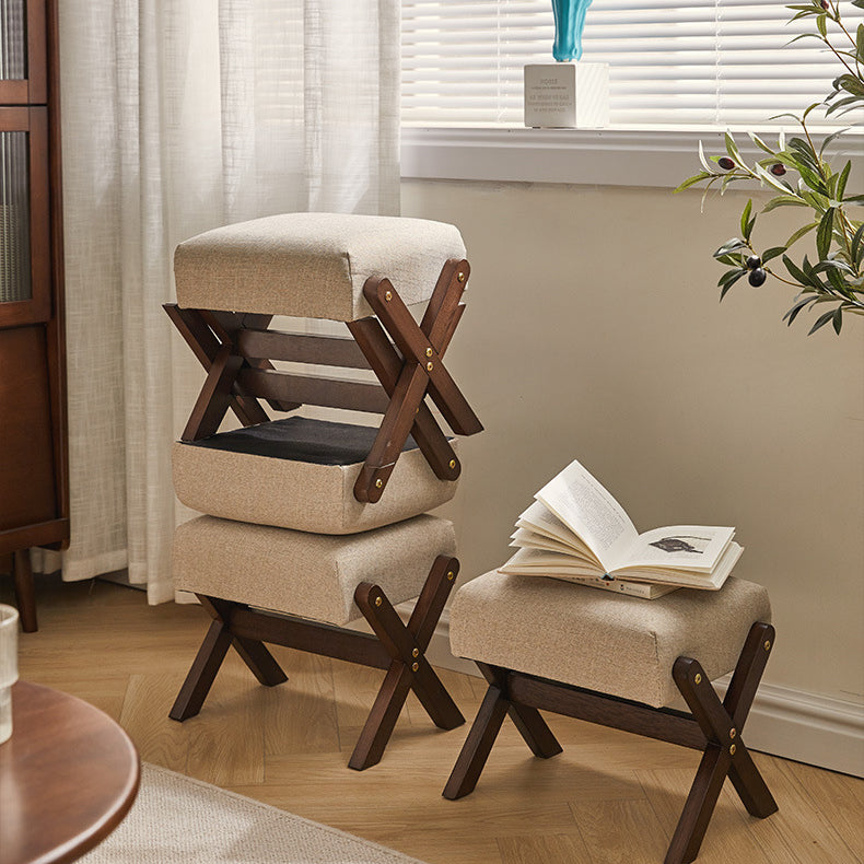 Modern Minimalist Rectangle X-Shape Stool with Solid Wood Frame, Cotton-Linen Fabric Upholstery, Low-Profile Living Room Accent