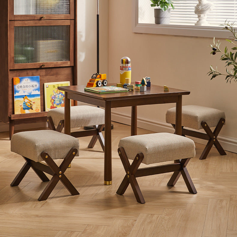 Modern Minimalist Rectangle X-Shape Stool with Solid Wood Frame, Cotton-Linen Fabric Upholstery, Low-Profile Living Room Accent