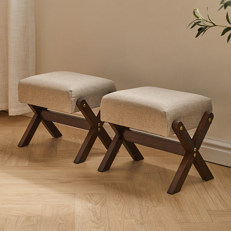 Modern Minimalist Rectangle X-Shape Stool with Solid Wood Frame, Cotton-Linen Fabric Upholstery, Low-Profile Living Room Accent