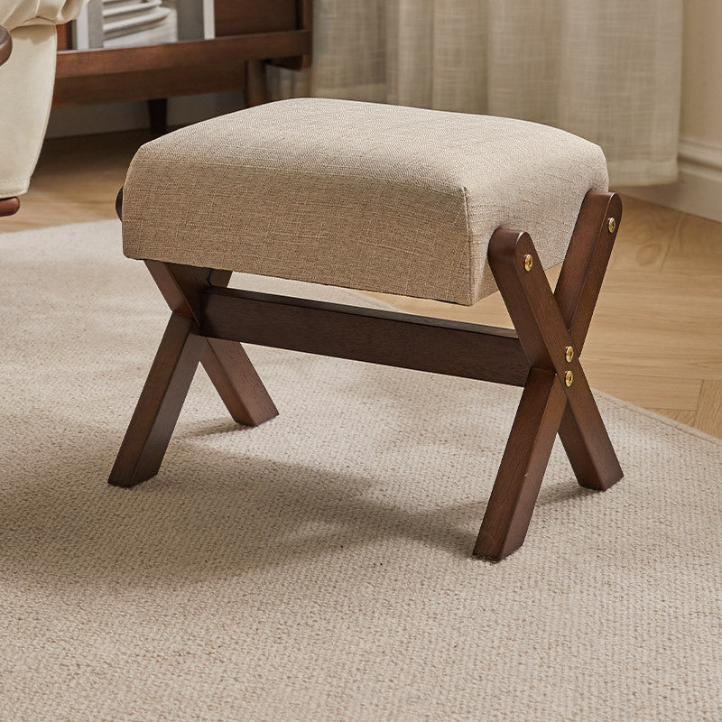 Modern Minimalist Rectangle X-Shape Stool with Solid Wood Frame, Cotton-Linen Fabric Upholstery, Low-Profile Living Room Accent