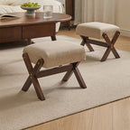 Modern Minimalist Rectangle X-Shape Stool with Solid Wood Frame, Cotton-Linen Fabric Upholstery, Low-Profile Living Room Accent
