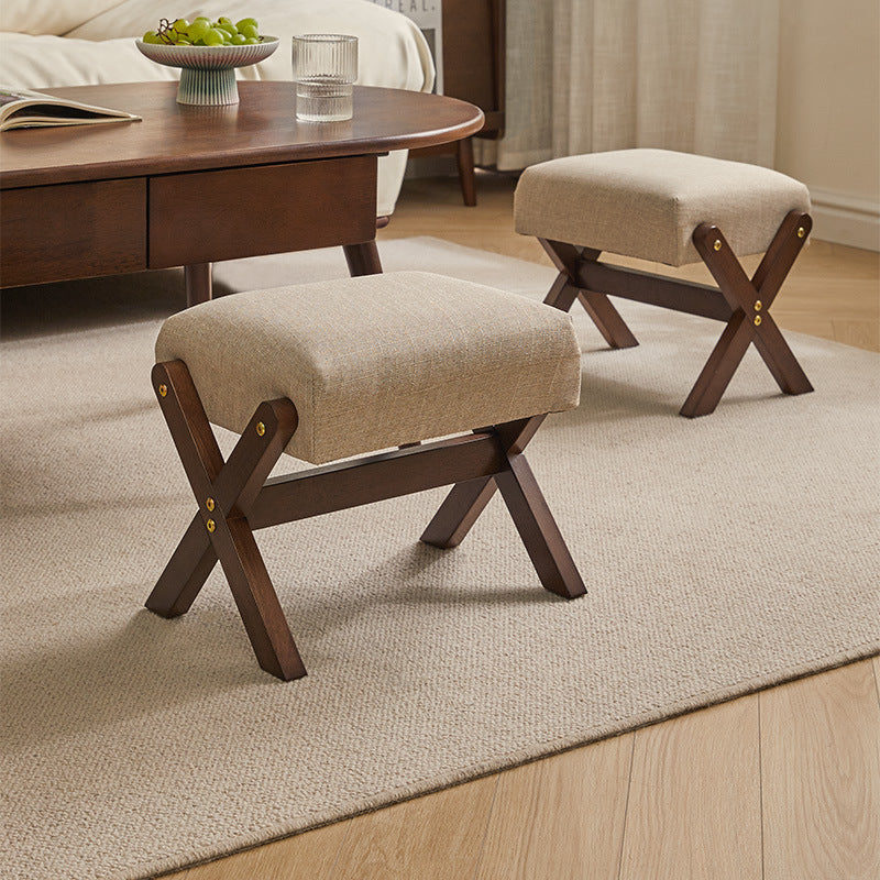 Modern Minimalist Rectangle X-Shape Stool with Solid Wood Frame, Cotton-Linen Fabric Upholstery, Low-Profile Living Room Accent