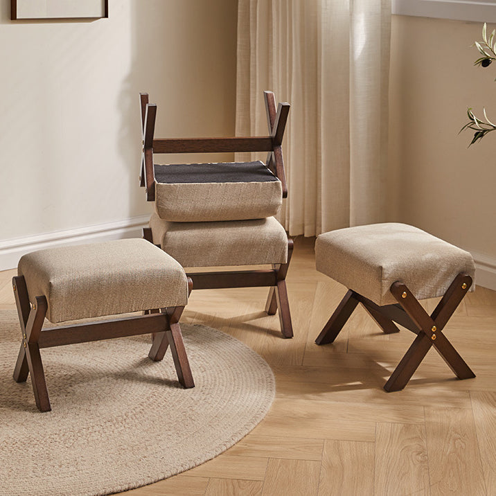 Modern Minimalist Rectangle X-Shape Stool with Solid Wood Frame, Cotton-Linen Fabric Upholstery, Low-Profile Living Room Accent