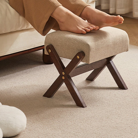 Modern Minimalist Rectangle X-Shape Stool with Solid Wood Frame, Cotton-Linen Fabric Upholstery, Low-Profile Living Room Accent