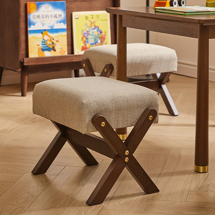Modern Minimalist Rectangle X-Shape Stool with Solid Wood Frame, Cotton-Linen Fabric Upholstery, Low-Profile Living Room Accent