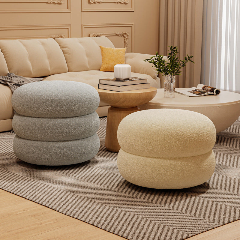Contemporary Multi-Level Round Sherpa Fabric Stool with Plywood Frame – Low-Profile Living Room Accent