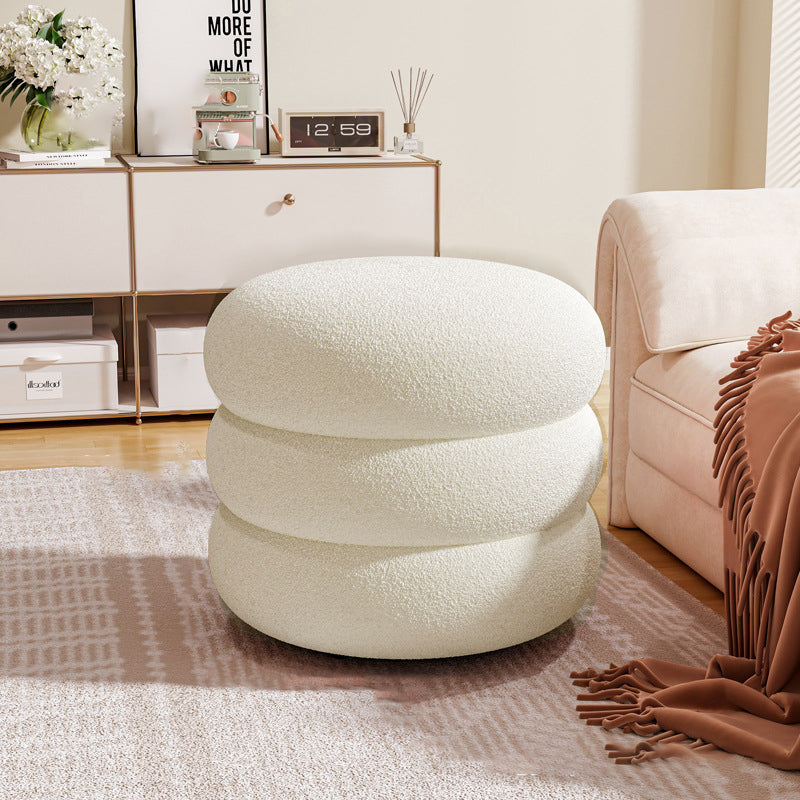 Contemporary Multi-Level Round Sherpa Fabric Stool with Plywood Frame – Low-Profile Living Room Accent