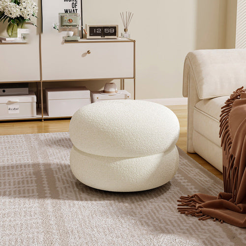 Contemporary Multi-Level Round Sherpa Fabric Stool with Plywood Frame – Low-Profile Living Room Accent