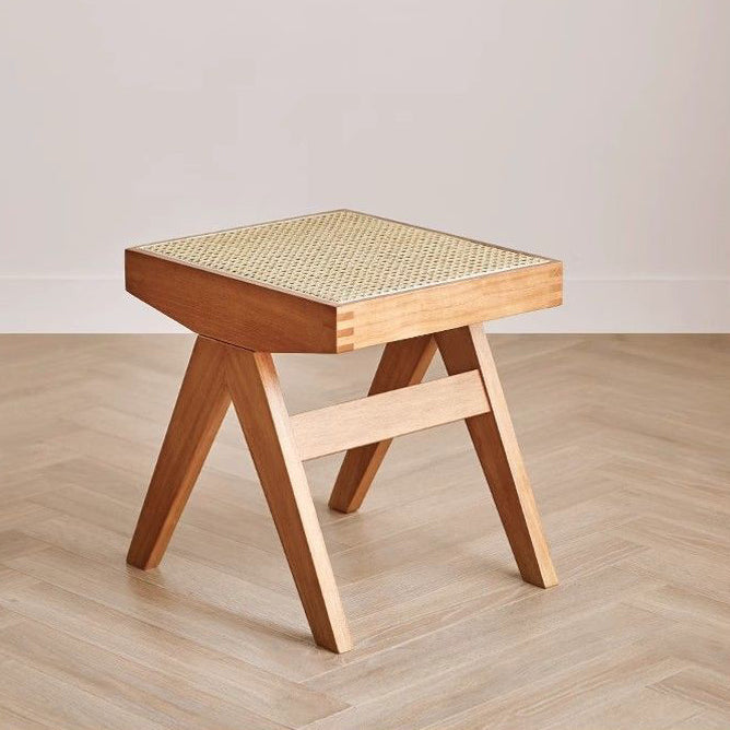Chic Modern Minimalist Rectangular Rattan Wood Low-Profile Stool for Living Room