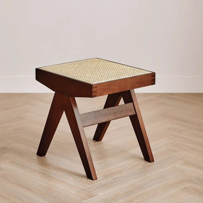 Chic Modern Minimalist Rectangular Rattan Wood Low-Profile Stool for Living Room