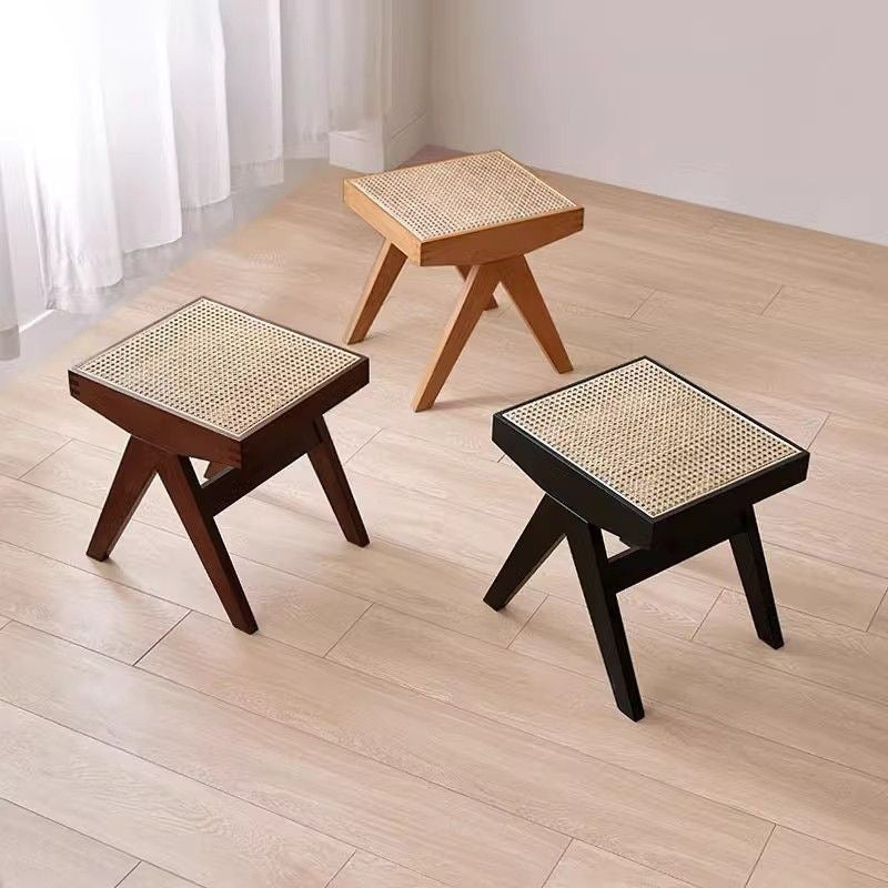Chic Modern Minimalist Rectangular Rattan Wood Low-Profile Stool for Living Room