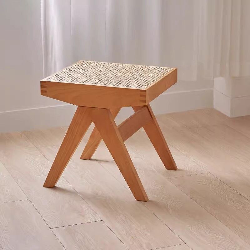 Chic Modern Minimalist Rectangular Rattan Wood Low-Profile Stool for Living Room