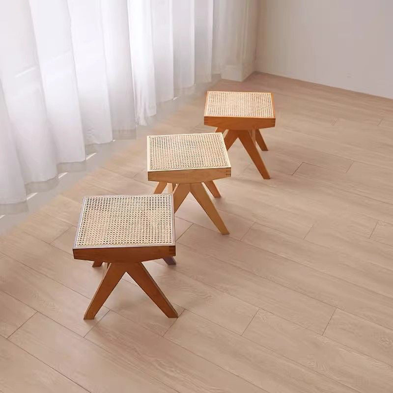 Chic Modern Minimalist Rectangular Rattan Wood Low-Profile Stool for Living Room