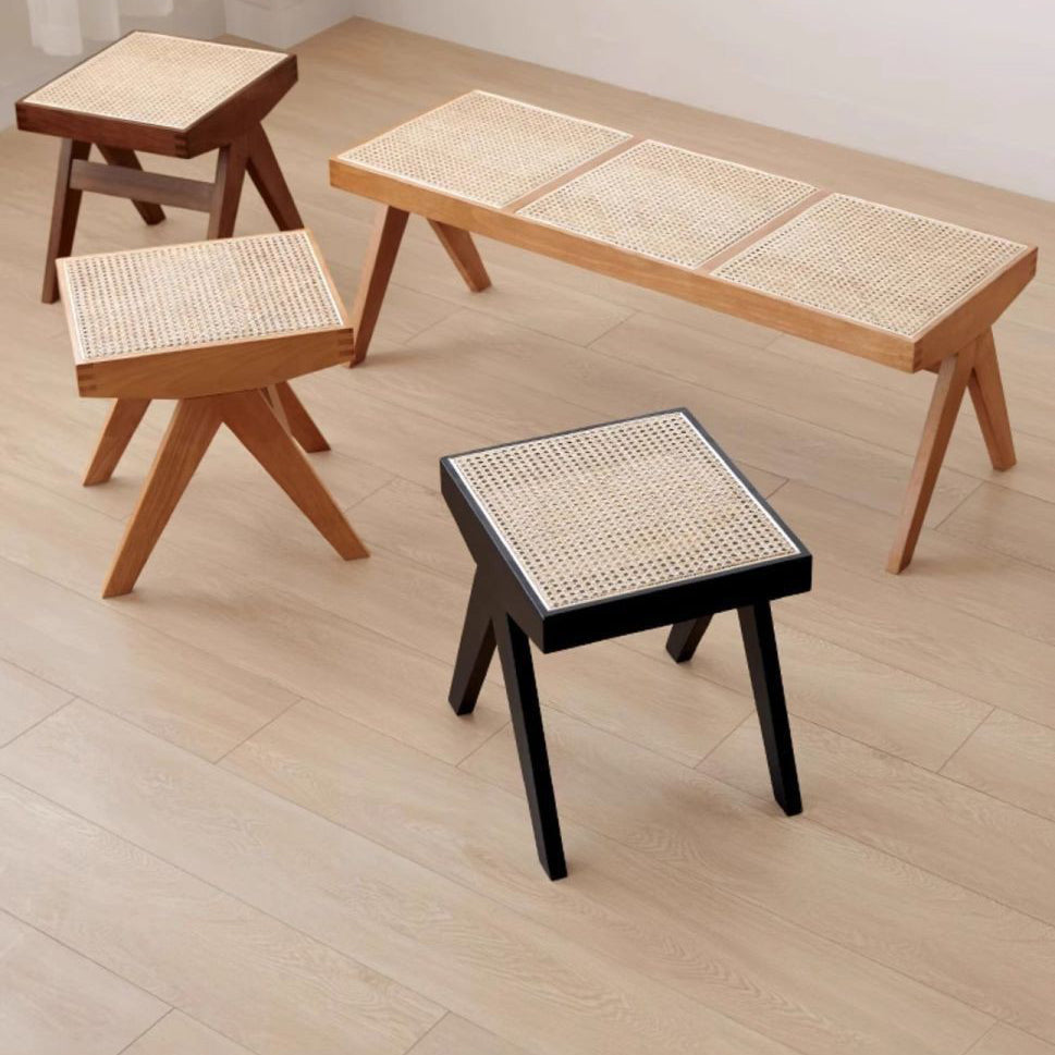 Chic Modern Minimalist Rectangular Rattan Wood Low-Profile Stool for Living Room