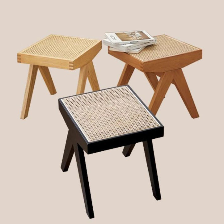 Chic Modern Minimalist Rectangular Rattan Wood Low-Profile Stool for Living Room