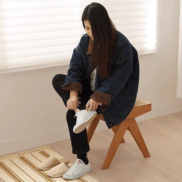Chic Modern Minimalist Rectangular Rattan Wood Low-Profile Stool for Living Room