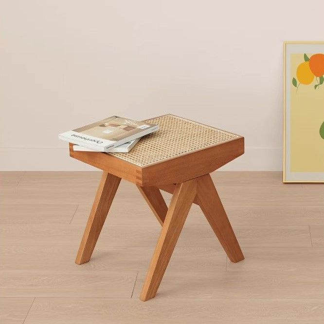 Chic Modern Minimalist Rectangular Rattan Wood Low-Profile Stool for Living Room