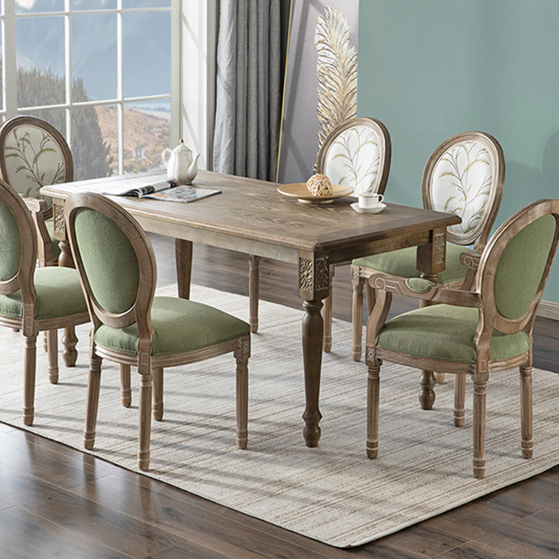 Traditional European Curved Distressed Wooden Frame Velvet Fabric Dining Chair Round Back For Dining Room
