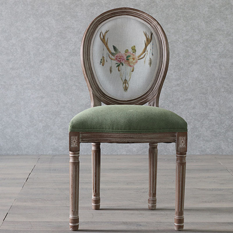 Traditional European Curved Distressed Wooden Frame Velvet Fabric Dining Chair Round Back For Dining Room