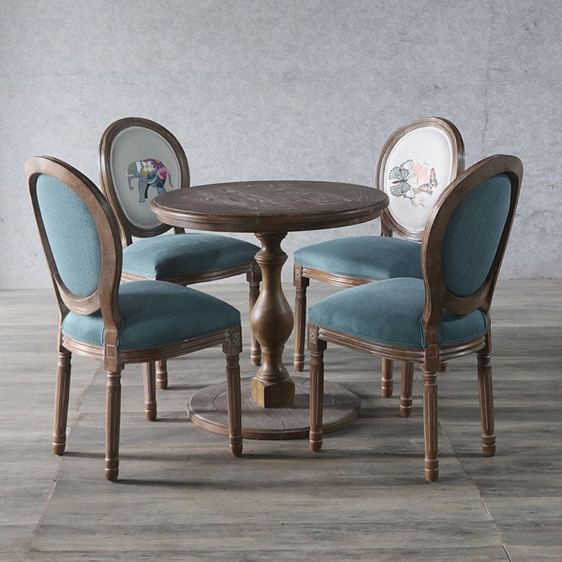Traditional European Curved Distressed Wooden Frame Velvet Fabric Dining Chair Round Back For Dining Room