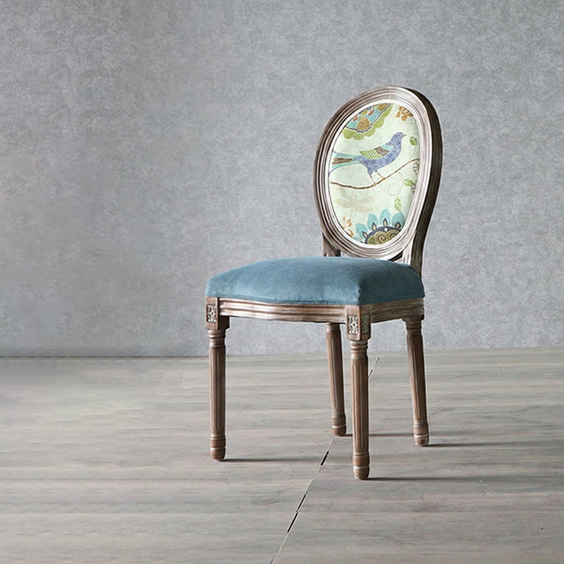 Traditional European Curved Distressed Wooden Frame Velvet Fabric Dining Chair Round Back For Dining Room