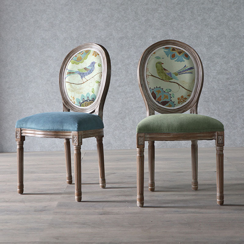 Traditional European Curved Distressed Wooden Frame Velvet Fabric Dining Chair Round Back For Dining Room
