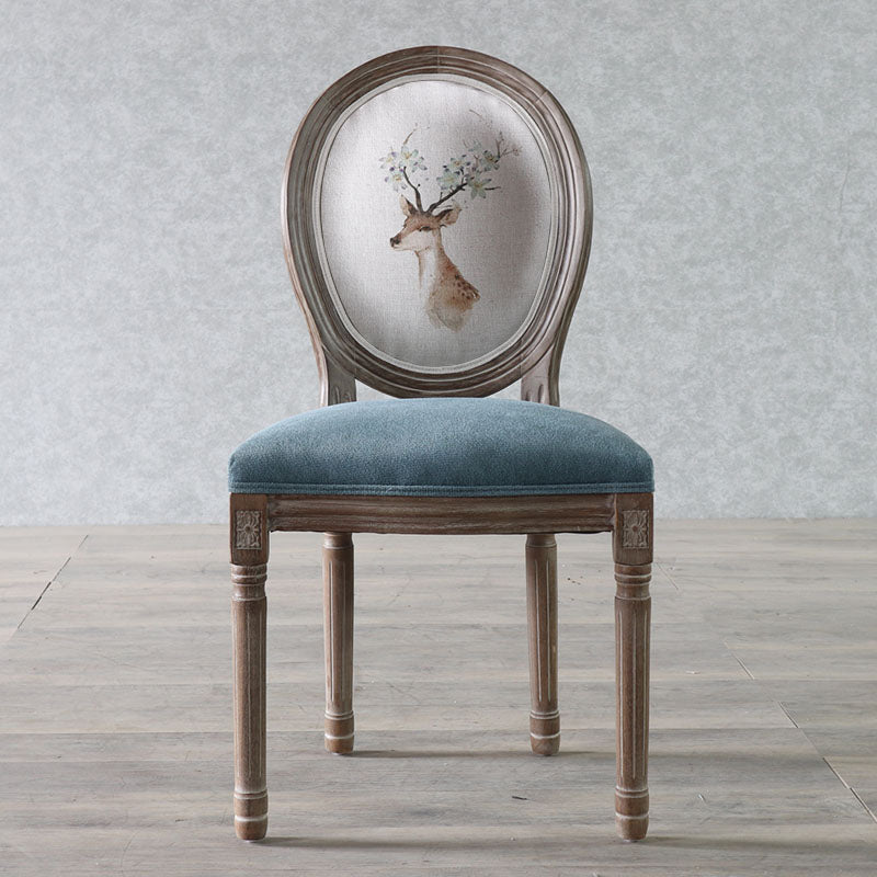 Traditional European Curved Distressed Wooden Frame Velvet Fabric Dining Chair Round Back For Dining Room