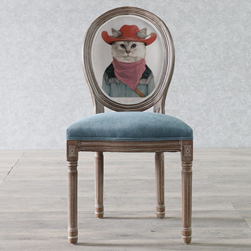 Traditional European Curved Distressed Wooden Frame Velvet Fabric Dining Chair Round Back For Dining Room