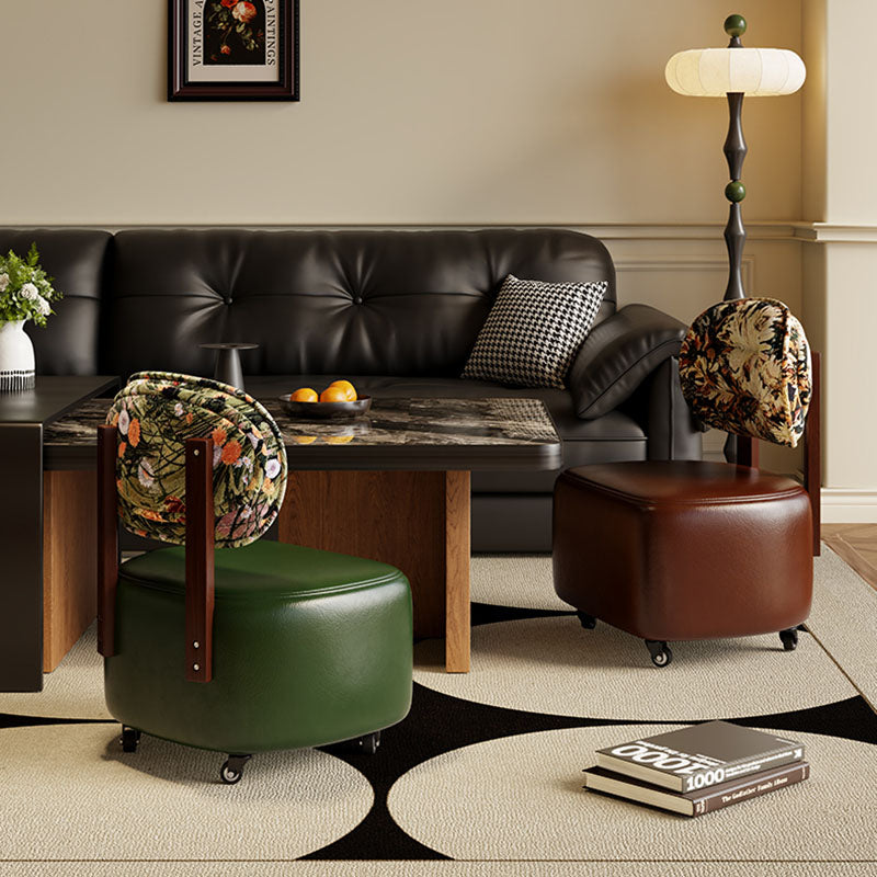 Modern Minimalist Rectangular Low Stool with Movable Backrest – Faux Oil-Waxed Leather, Plywood & Foam Upholstery for Living Room