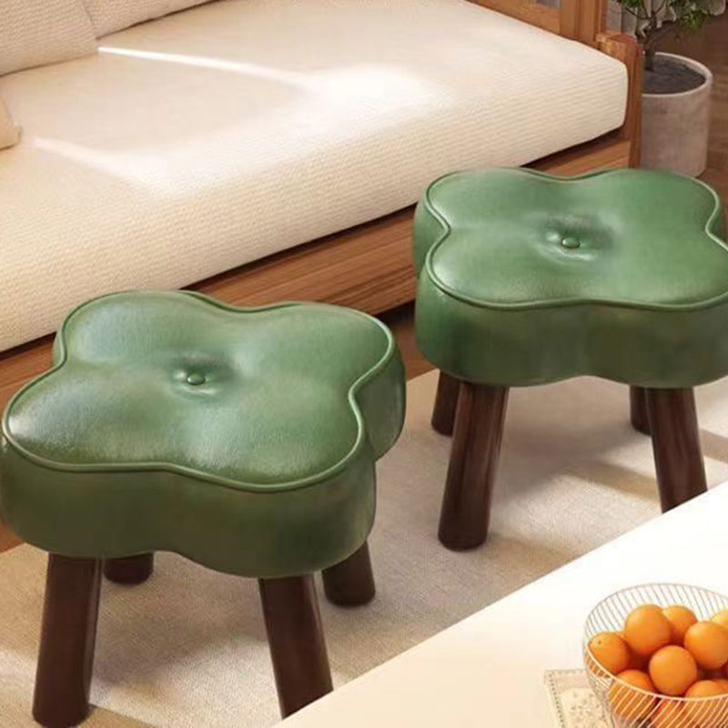 Contemporary Petal-Shape Faux Oil-Waxed Leather Stool with Solid Wood Frame, Cushioned Seat, Low, Backless and Armless Living Room Accent