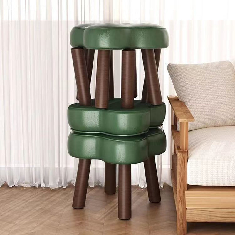 Contemporary Petal-Shape Faux Oil-Waxed Leather Stool with Solid Wood Frame, Cushioned Seat, Low, Backless and Armless Living Room Accent