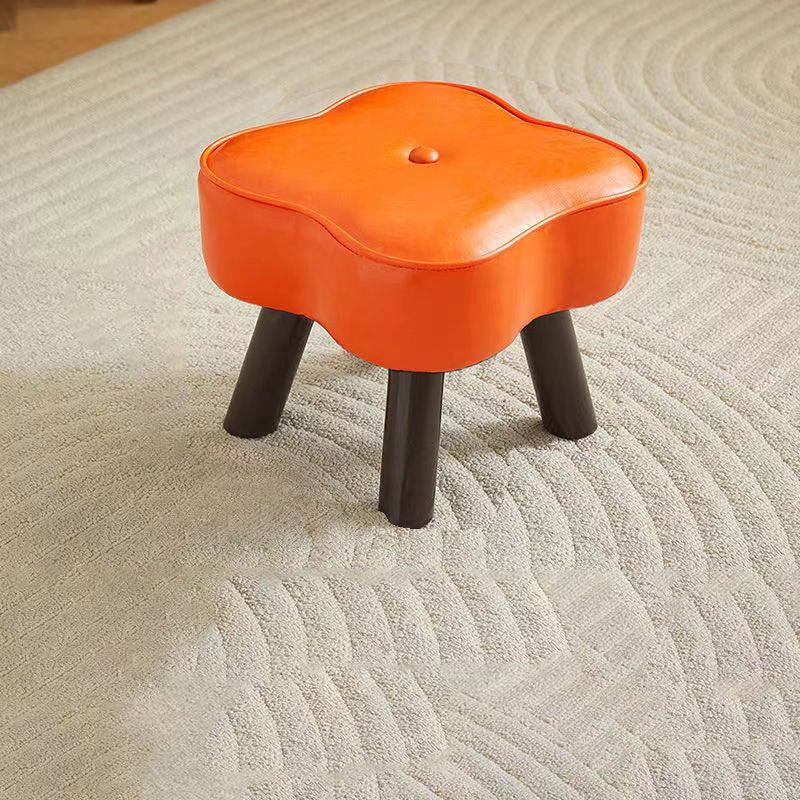 Contemporary Petal-Shape Faux Oil-Waxed Leather Stool with Solid Wood Frame, Cushioned Seat, Low, Backless and Armless Living Room Accent