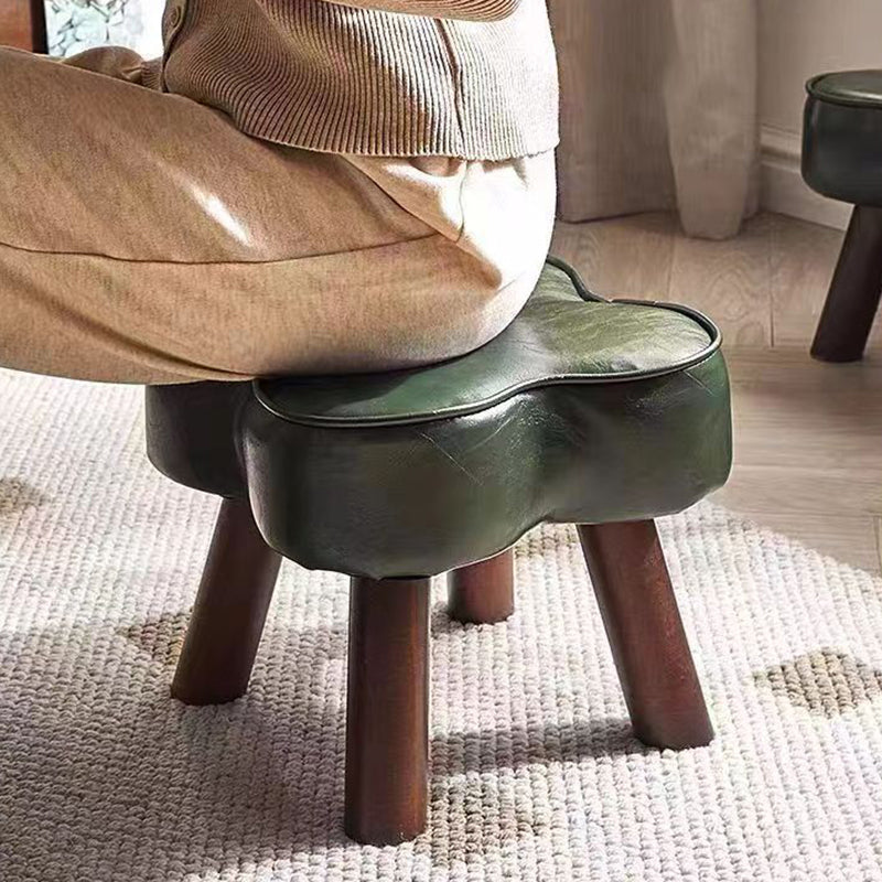 Contemporary Petal-Shape Faux Oil-Waxed Leather Stool with Solid Wood Frame, Cushioned Seat, Low, Backless and Armless Living Room Accent